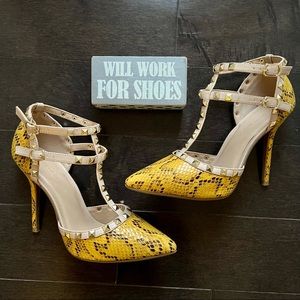 Wild Diva Gold Studded Ankle T-Strap Pumps